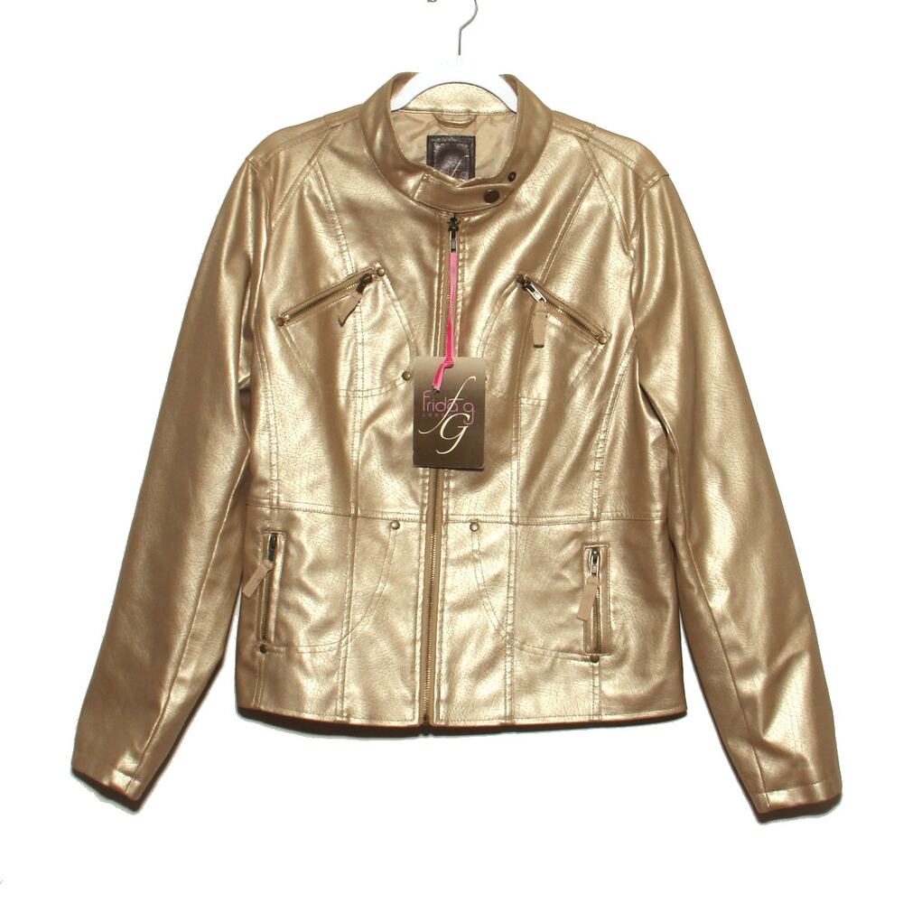 NEW Frida G Gold Moto Style Faux Leather Jacket Size XL Runs small